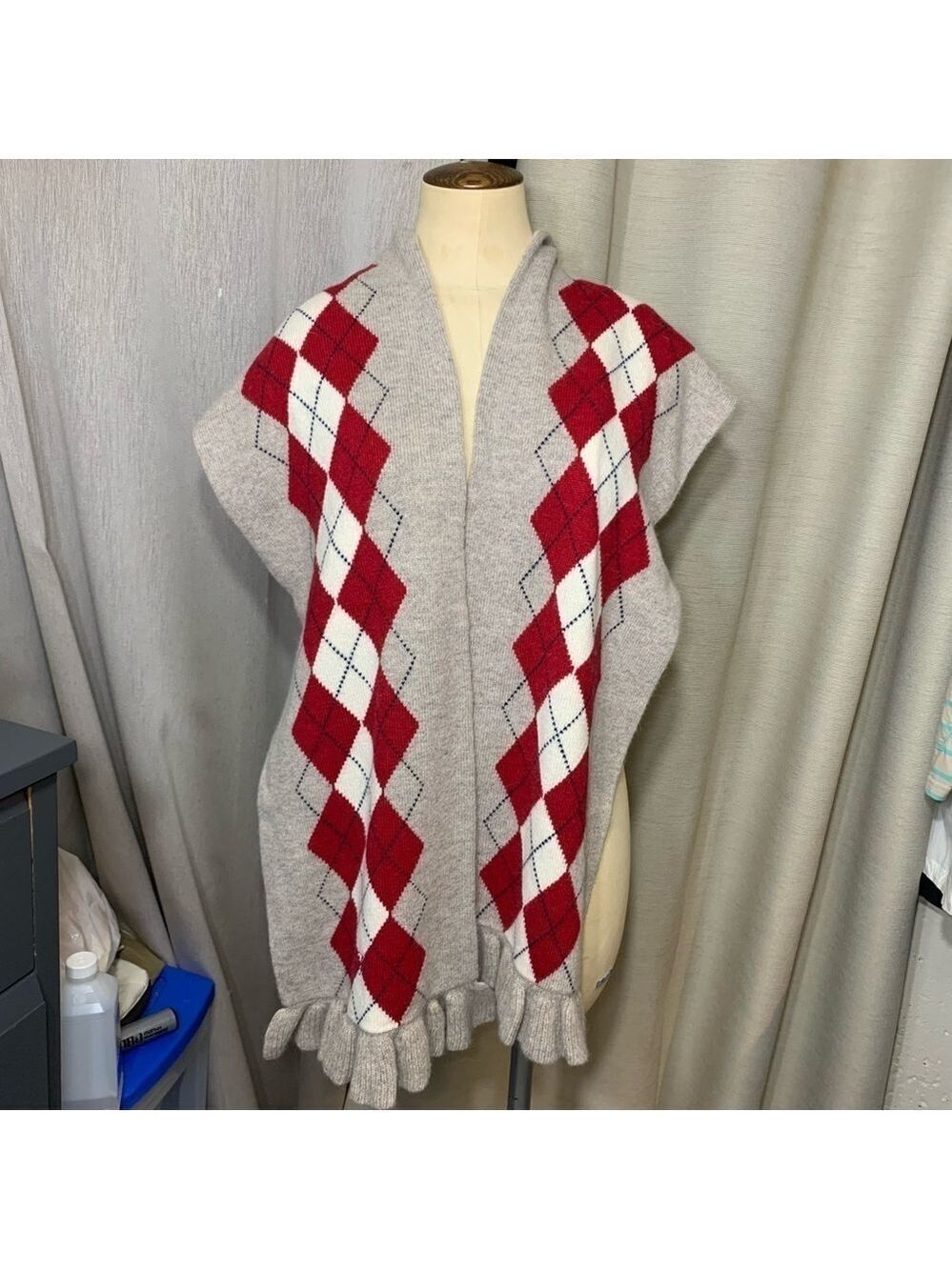 Tommy Hilfiger Knit Scarf Wrap O/S Tan red Scottish Plaid Wool Blend Ruffle Hem - Picture 8 of 13